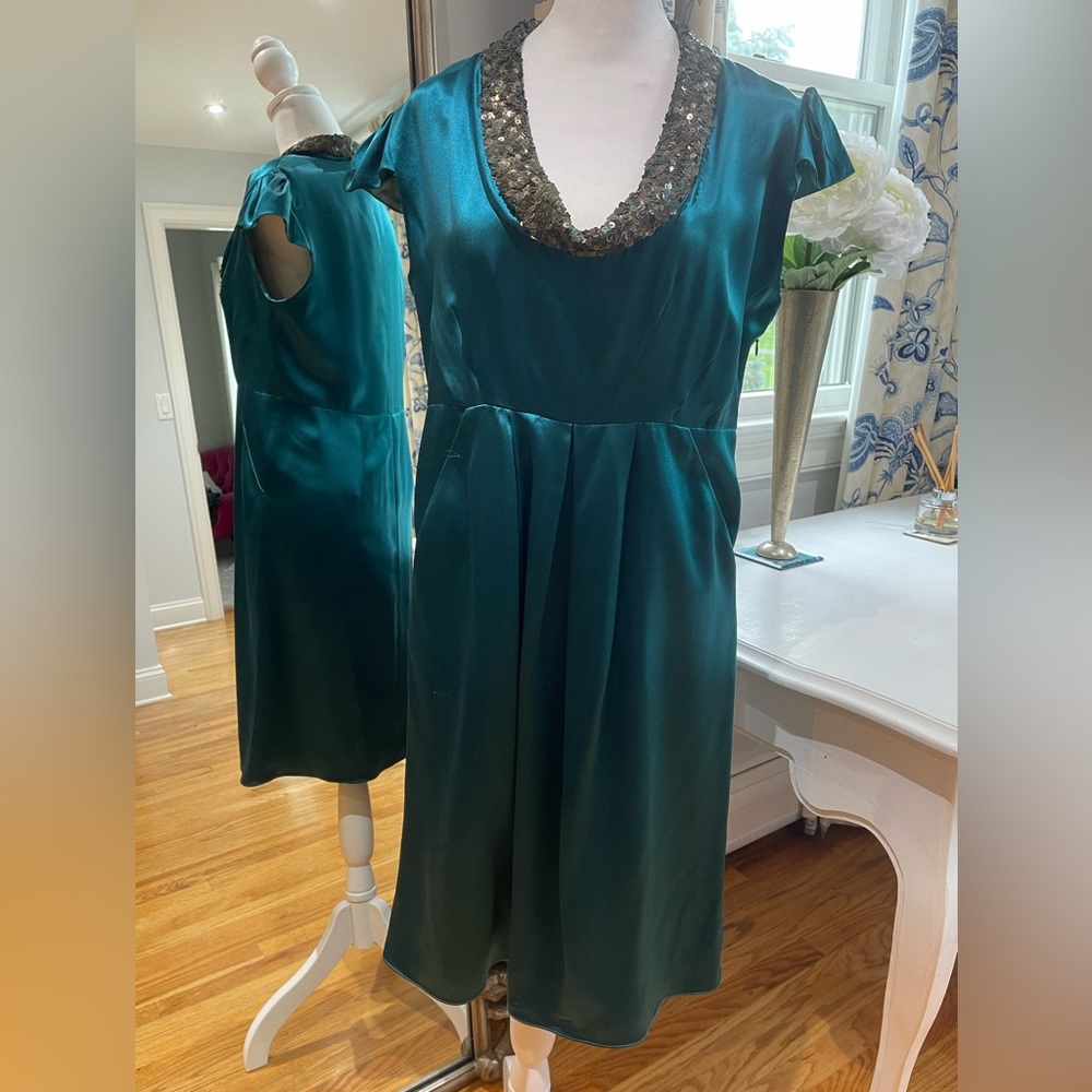 Libelula studio peacock blue, brass sequin scoop neck silk cocktail dress Size 8